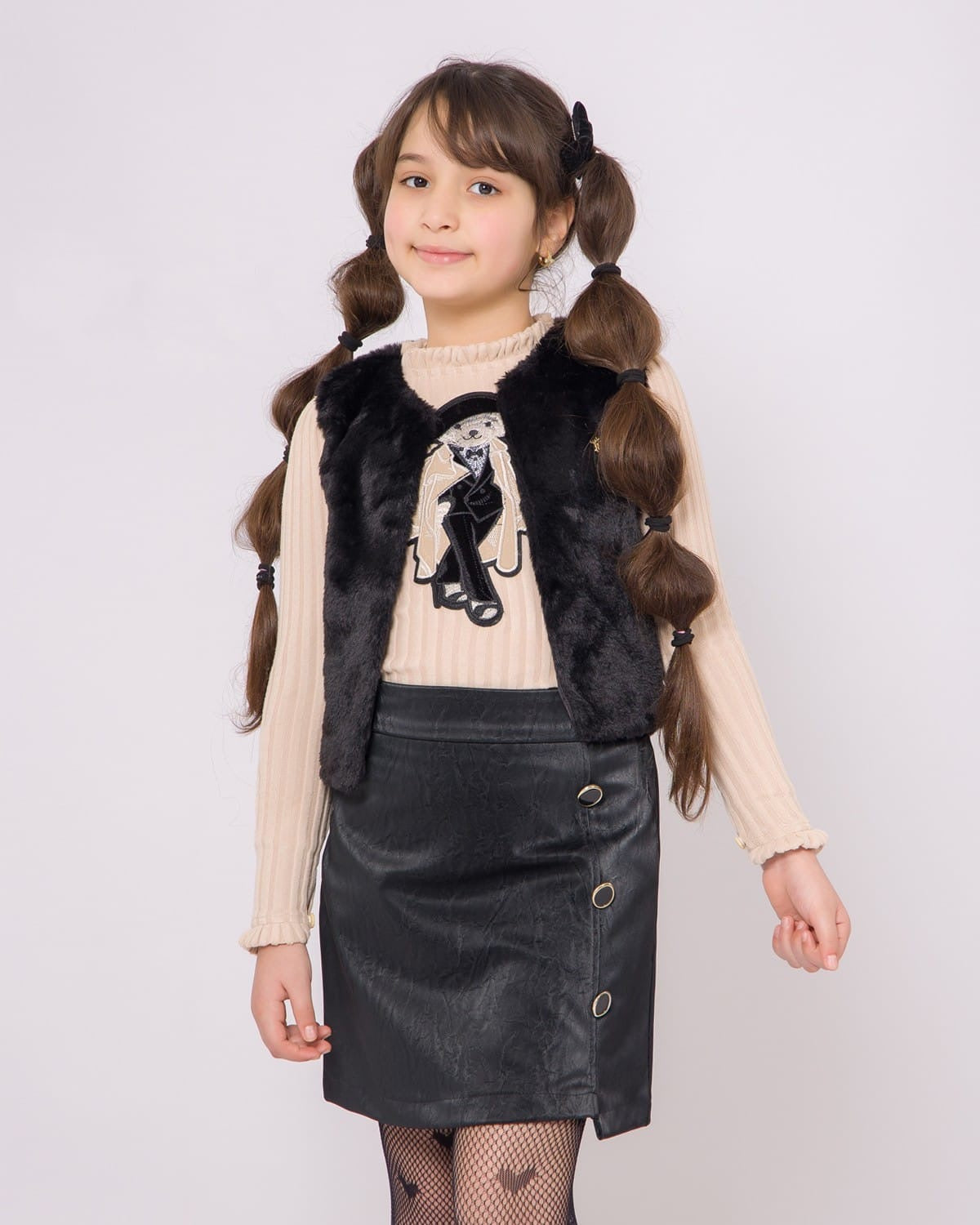 Ensemble Fille Noir & Biege avec gilet en Fourrure