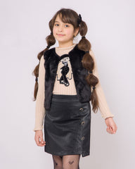 Ensemble Fille Noir & Biege avec gilet en Fourrure