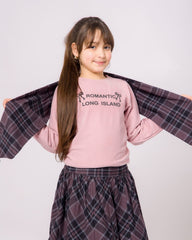 Ensemble Fille avec châle pull Rose & Jupe à Carreaux