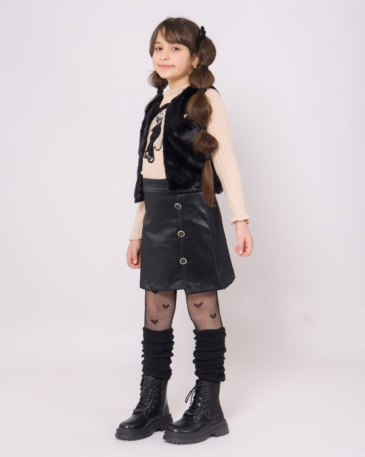 Ensemble Fille Noir & Biege avec gilet en Fourrure