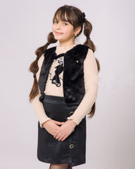 Ensemble Fille Noir & Biege avec gilet en Fourrure