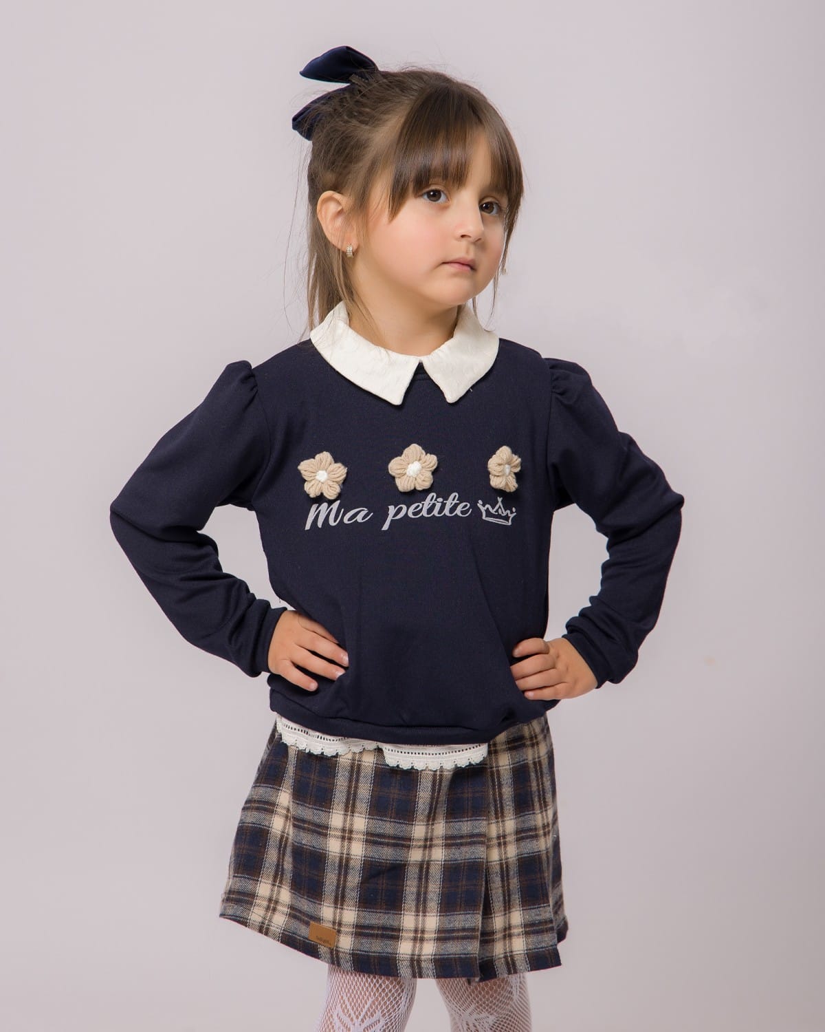 Ensemble Fille Bleu Marine & Jupe à Carreaux