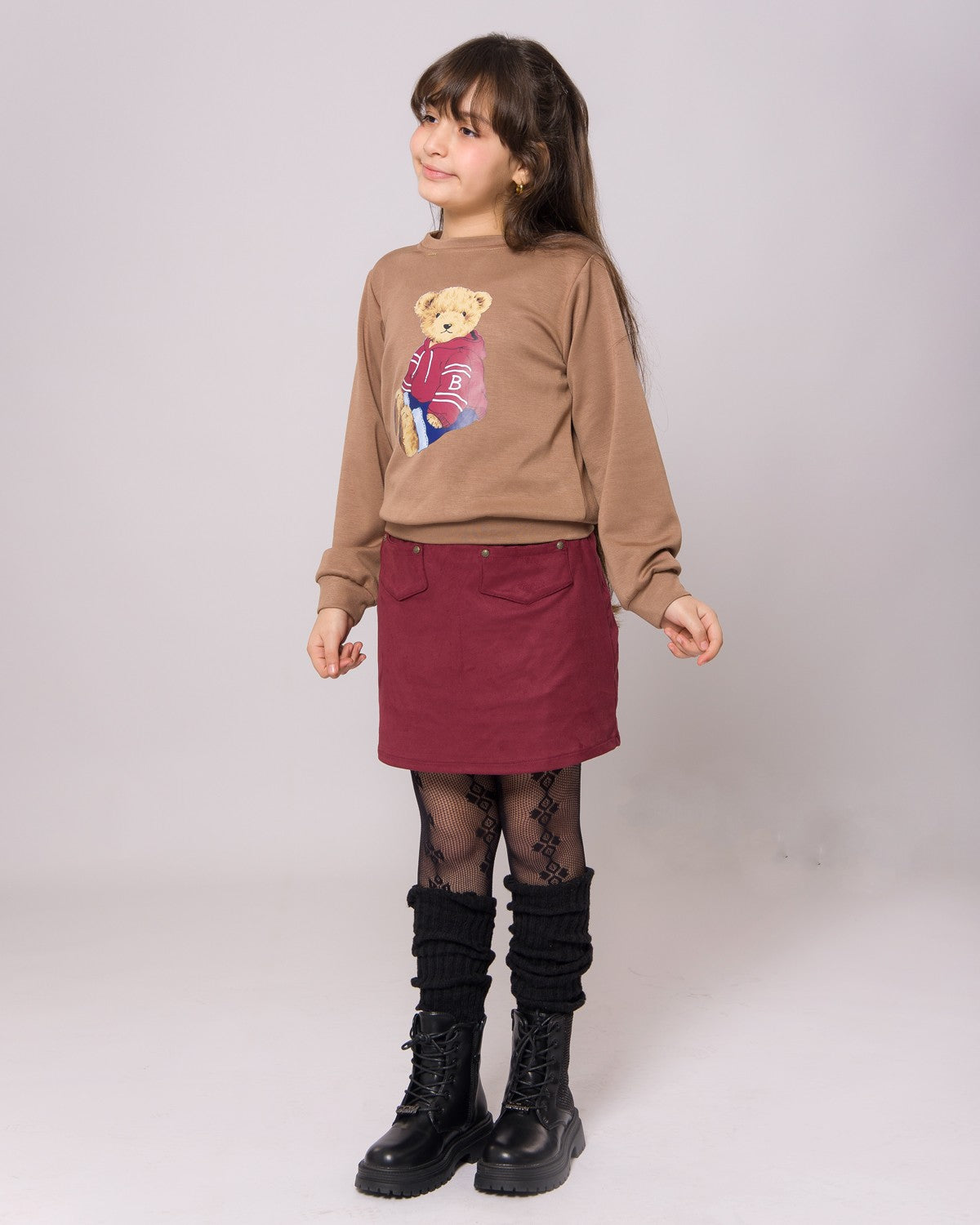 Ensemble Fille Pull Marron & Jupe Bordeaux