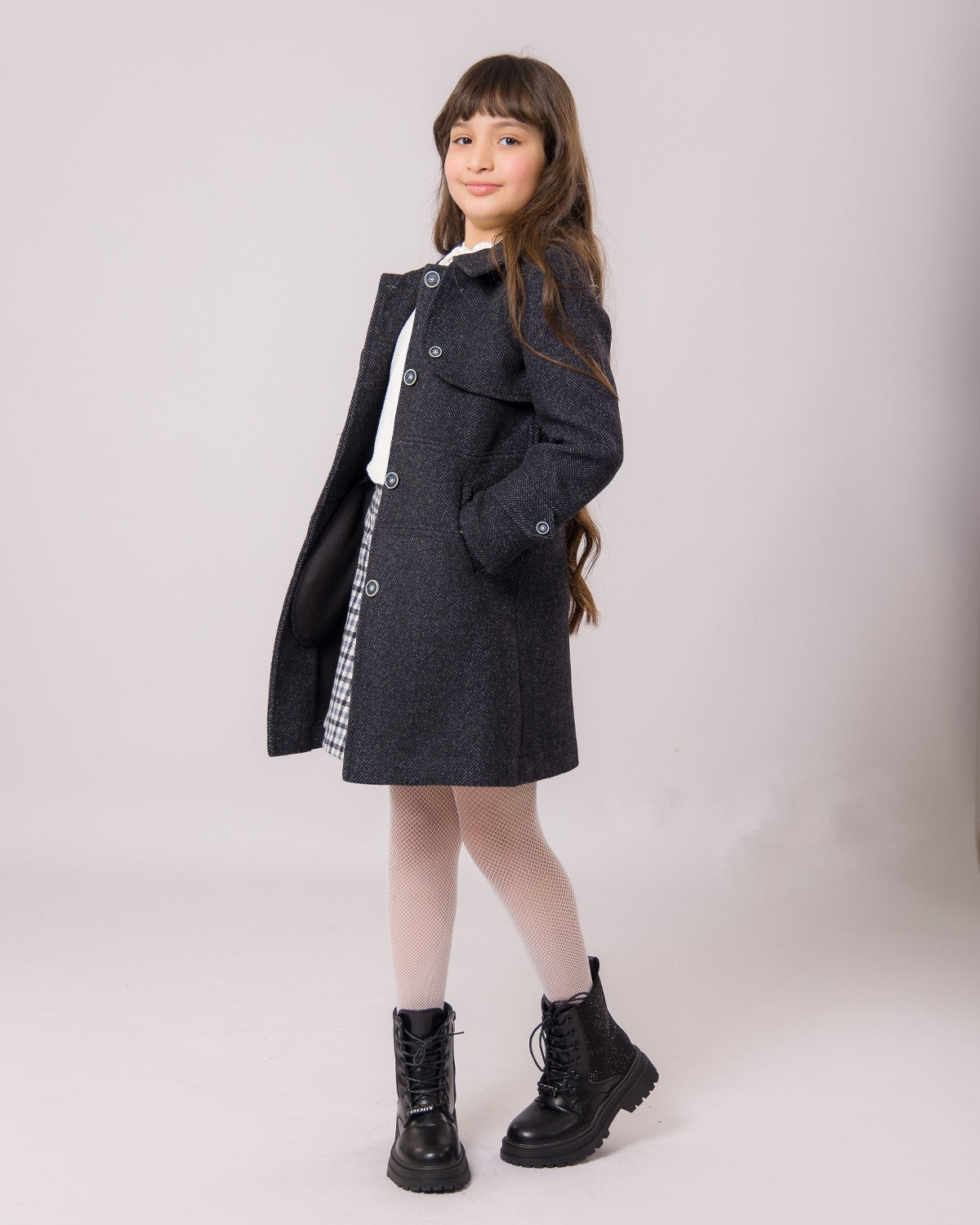 Ensemble plus Manteau 3 pieces Fille Gris & Jupe short Carreaux