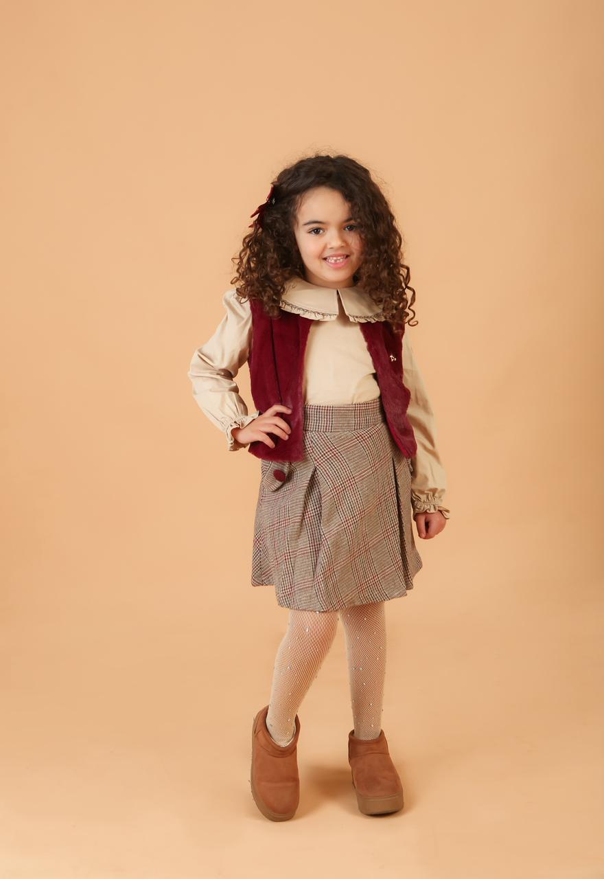 Ensemble Fille avec gilet Beige & Bordeaux
